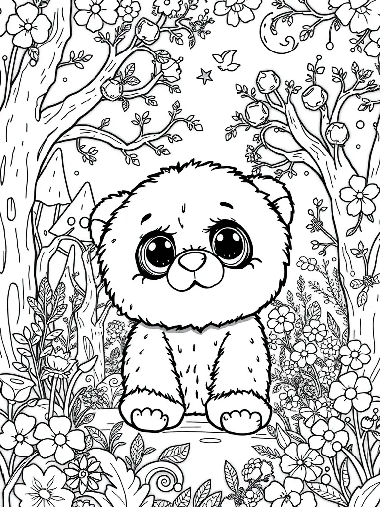 A printable coloring page showcasing a DoudouRêve plush toy in a whimsical forest setting, encouraging creativity and color recognition in young children.