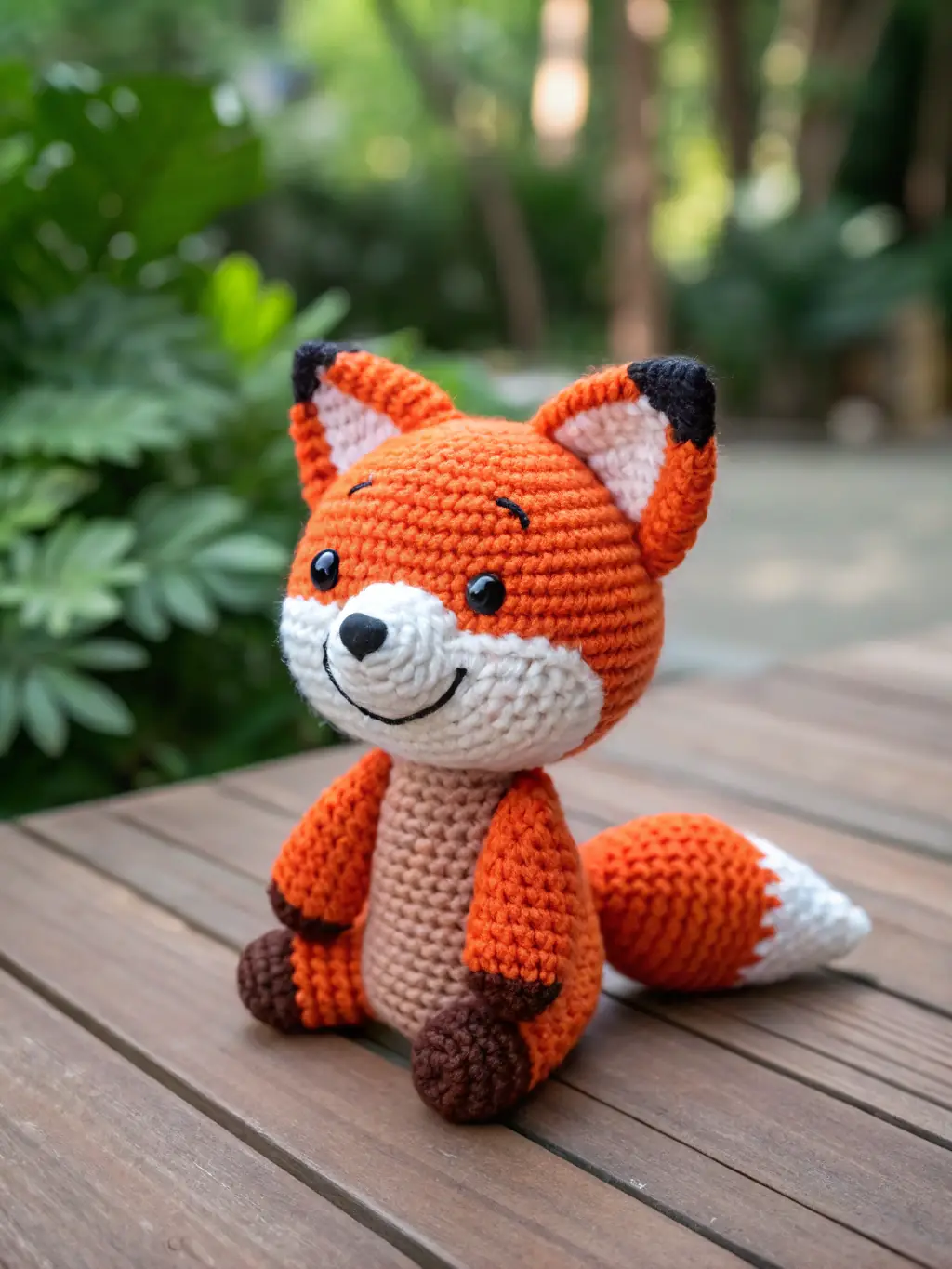 Close-up studio shot of 'Sophie the Fox', a crocheted plush toy with a playful expression, showcasing its vibrant colors, intricate patterns, and whimsical design, set against a bright, cheerful background.