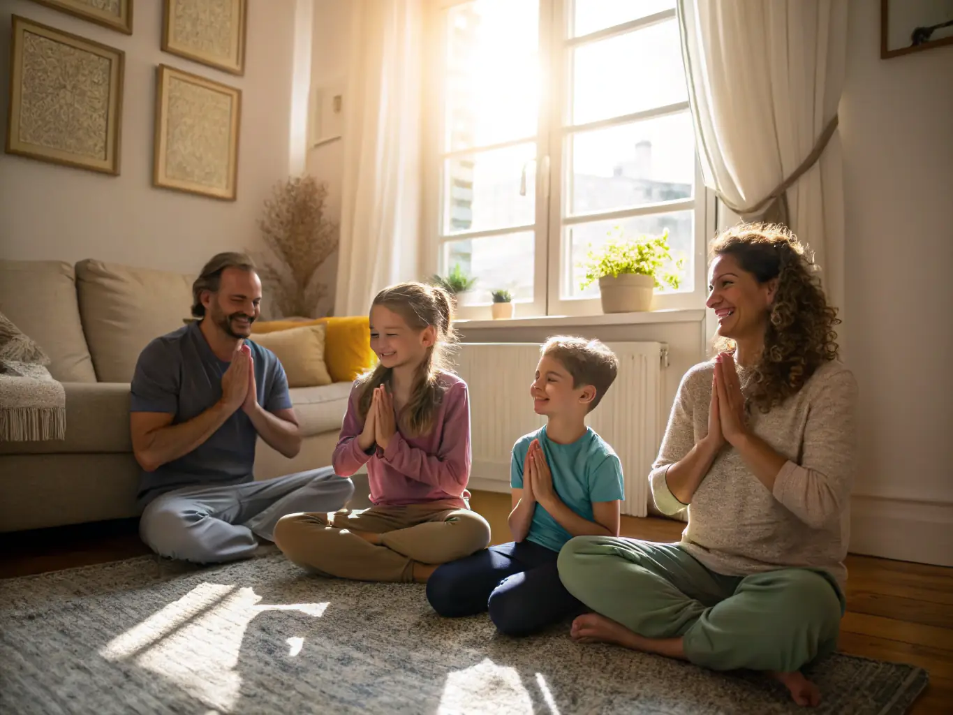 A serene image showing a family participating in a DoudouRêve-guided 'Gratitude Circle' ritual, holding hands and expressing thanks, set in a warmly decorated living room.