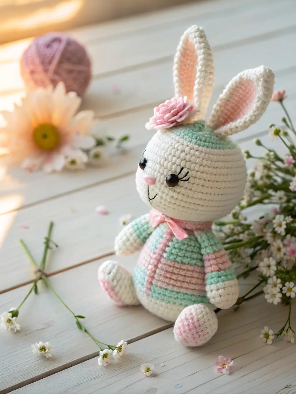 Close-up studio shot of 'Luna the Lamb', a crocheted plush toy with a gentle expression, highlighting its fluffy, white yarn and delicate details, set against a soft, pastel background.