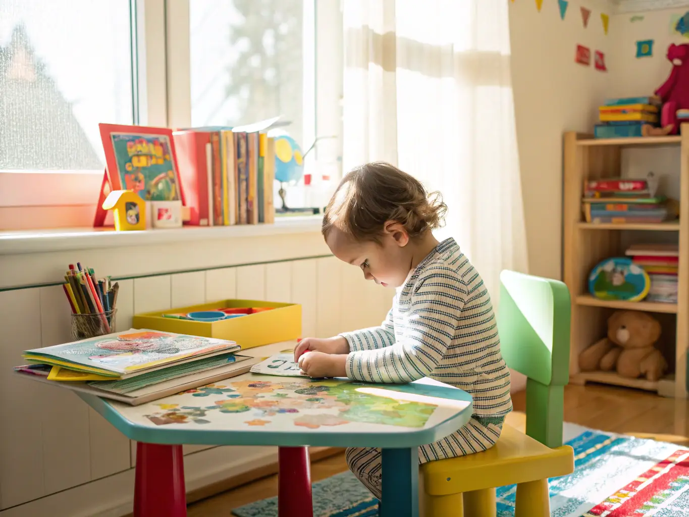A vibrant photograph of a child engaged in a DoudouRêve downloadable activity sheet, coloring and creating with enthusiasm, surrounded by art supplies and their favorite plush toy.